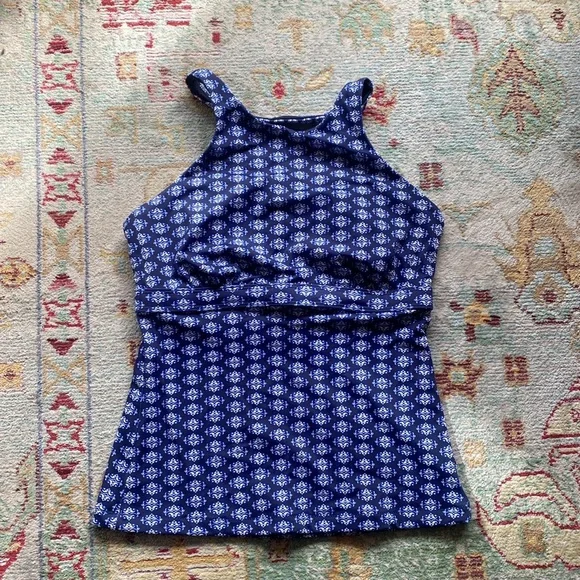 Athleta Tangier High Neck Tankini Top 34D /DD Blue Open Back Underwire - Picture 2 of 9